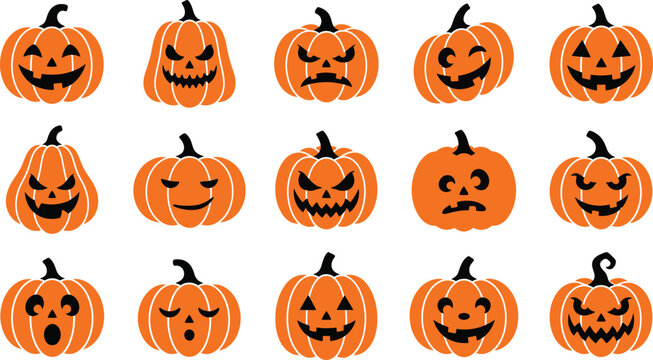 A festive halloween vector bundle featuring a collection of fifteen unique hand drawn jack o lantern pumpkins with spooky facial expressions