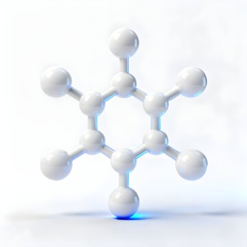 Modern 3D molecular structure model with glossy white interconnected spheres isolated on clean light background.