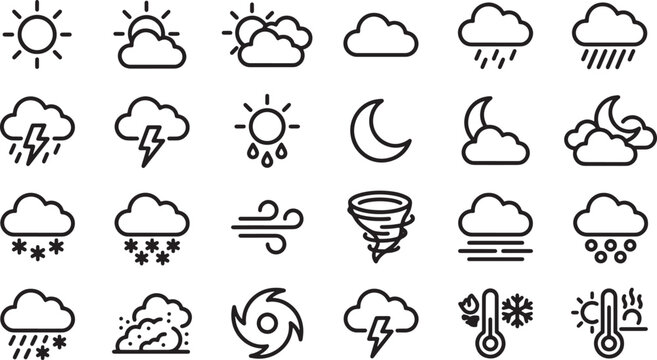 Set of weather forecast line icons featuring sun cloud rain snow and storm symbols for digital interface