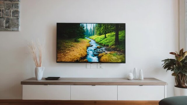 Modern living room setup featuring a flat-screen TV on an entertainment center with decorative elements and natural wood veneer.