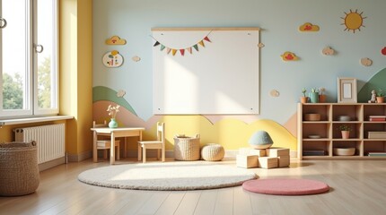 Aula de jardín de infancia moderna con zonas de juego creativo, alfombras suaves y muebles de almacenamiento de madera © Leonardo