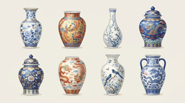 A collection of eight ornate Chinese porcelain vases, each with unique blue and white or colorful dragon and floral patterns.