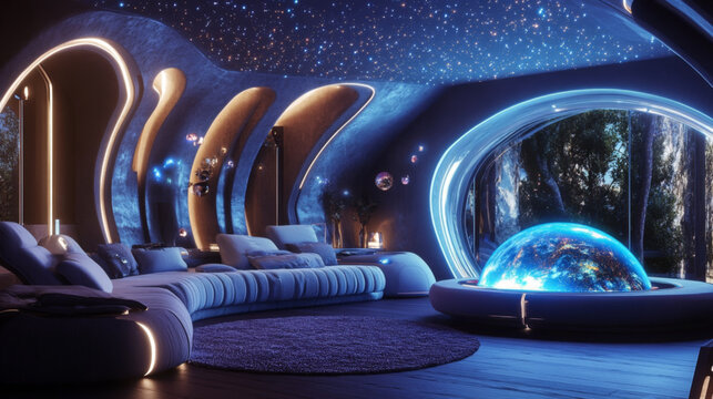 Futuristic Space-Themed Luxury Lounge with Cosmic Views