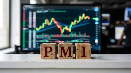 Obraz premium PMI Purchasing Managers' Index Concept on Wooden Blocks with Stock Market Chart Background