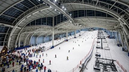 Fototapeta premium People ski inside a large indoor ski hall with a chairlift.