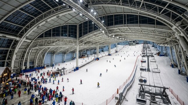 People ski inside a large indoor ski hall with a chairlift.
