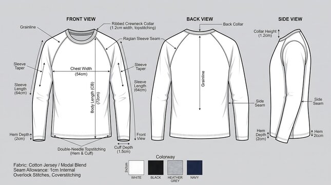 Technical CAD flat illustration of a long-sleeve raglan shirt featuring front, back, and side views with detailed garment measurements, stitching specs, and color options.