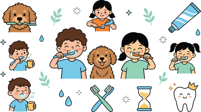 Children Brushing Teeth Collection with Kids Dental Hygiene, Toothpaste, Toothbrush, Happy Tooth, Pet Dog, and Oral Care Vector Illustration Set