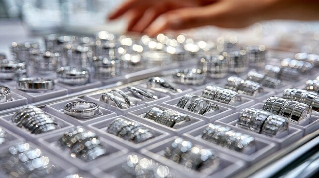 Rows of silver rings displayed in a shop. Jewelry sales concept.