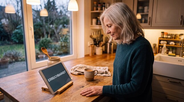 Vogelperspektive auf &auml;ltere Frau in der K&uuml;che die abends am Tablet mit dem Wort Erreichbarkeit ihre Erreichbarkeit pr&uuml;ft