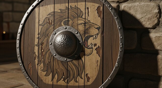 Close-up of a Rustic Wooden Viking Shield with a Fierce Roaring Lion Emblem and Metal Rim