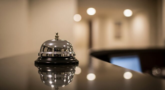 Close-up of a shiny metal hotel reception bell on a glossy dark counter, with a blurred background