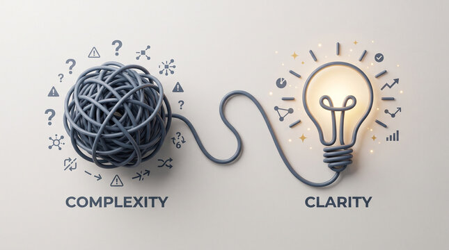 Simplifying business complexity concept featuring tangled wire transforming into a glowing lightbulb representing strategic clarity and innovation