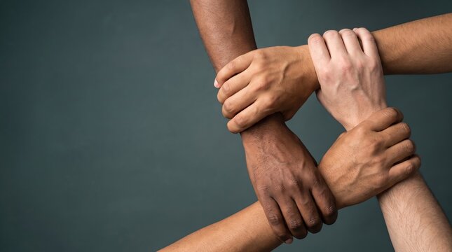 Diverse arms of different skin tones clutching each other tightly against a dark background to illustrate unity and cooperation.