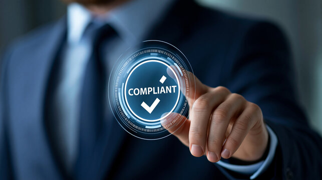 Faceless professional tapping a glowing "compliant" status icon on a digital dashboard, regulatory approval concept, with copy space