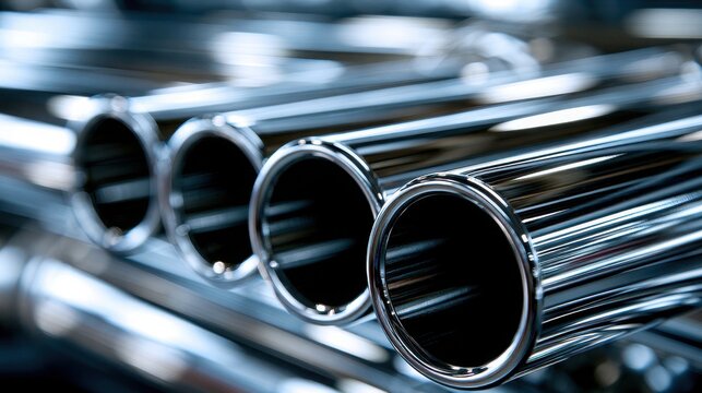 Industrial shiny metal pipes. Metallic tubes for factory projects.