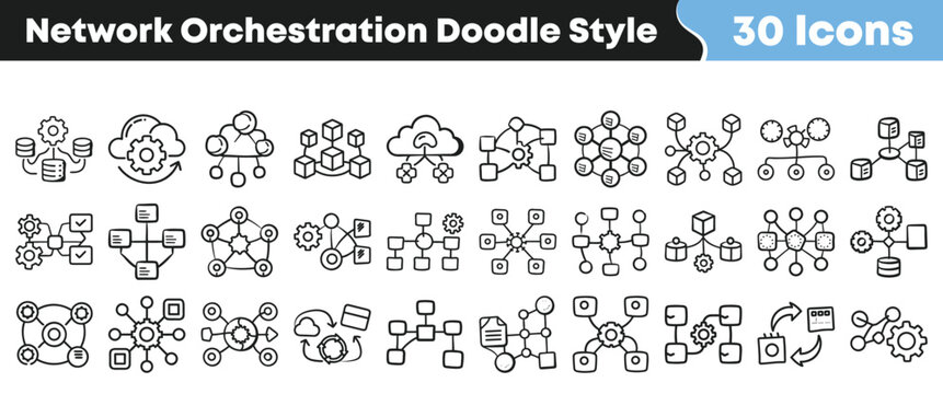 Set of 30 network orchestration doodle style icons