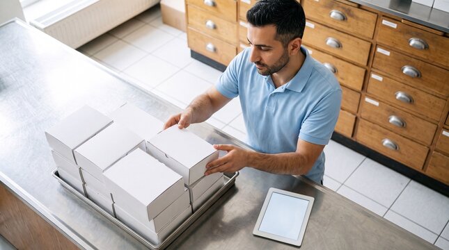 Apotheker in blauem Polo kontrolliert von oben eine Lieferung wei&szlig;er Schachteln am Edelstahltresen