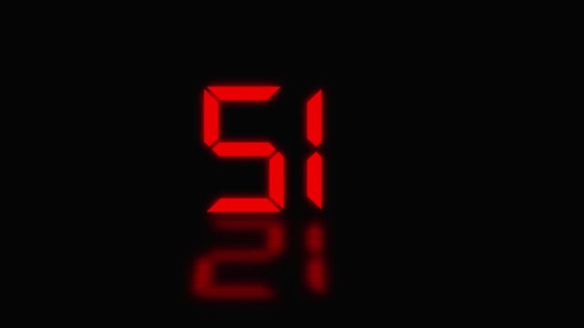 Sports shot clock countdown from 56 to 0. Red digital countdown timer with reflection on black background, clock numbers