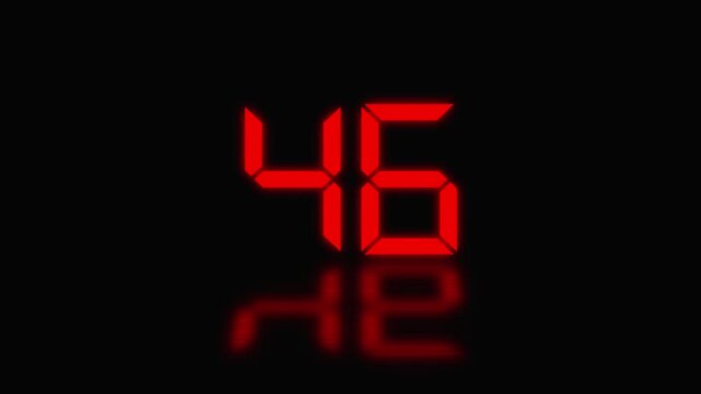 Sports shot clock countdown from 51 to 0. Red digital countdown timer display with reflection on black background, clock