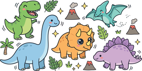 Cute Cartoon Dinosaur Collection with Tyrannosaurus, Brachiosaurus, Triceratops, Stegosaurus, Pterodactyl, Volcanoes, and Prehistoric Vector Illustration Set © MstShahida