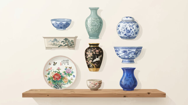 A collection of antique Chinese porcelain vases, bowls, and decorative plates displayed on a wooden shelf against a neutral background.