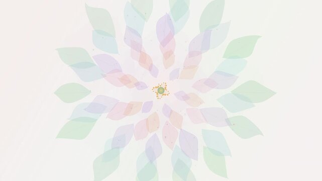 Abstract rotating floral leaf mandala with translucent pastel petals on white background