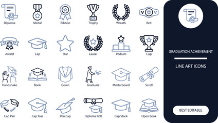 Fototapeta premium Graduation achievement icons set. Minimal silhouette vector collection of diploma, cap, trophy and medal symbols for education design