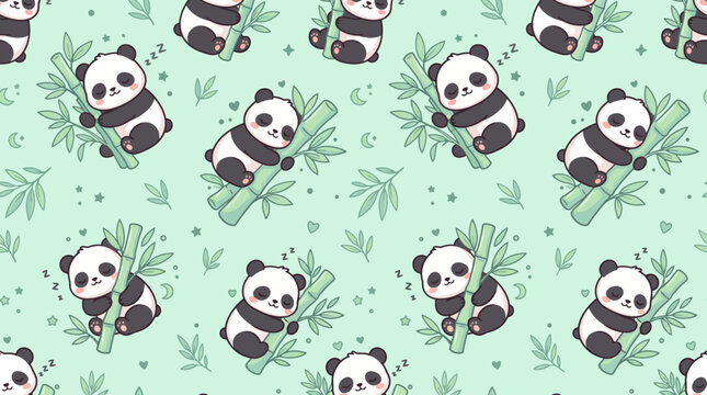 Kawaii Sleepy Pandas Hugging Bamboo Seamless Vector Pattern Cute Bear Graphic Background for Fabric and Wallpaper