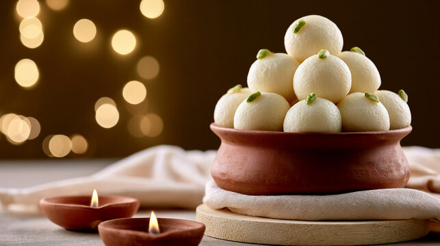 Traditional indian rasgulla sweets served in a clay pot with diyas