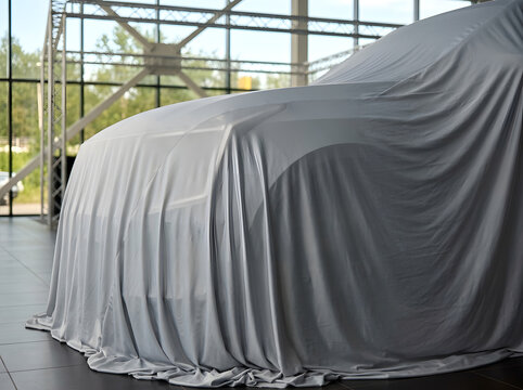 New Car Covered with Silver Satin Sheet in Dealership Showroom | Vehicle Unveiling Concept | Auto Showroom Car Reveal | Luxury Car Launch Mystery
