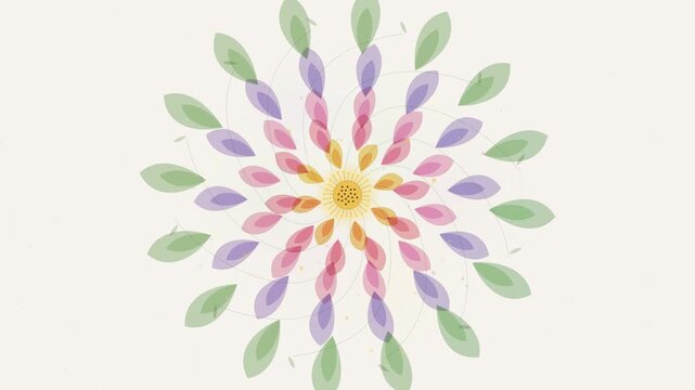 Animated colorful floral mandala pattern rotating on light background.