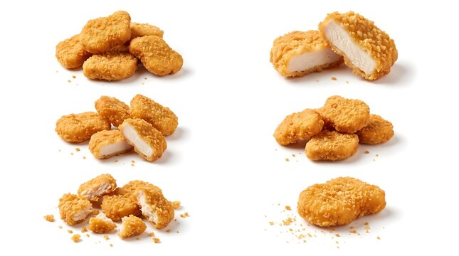 Crispy golden chicken nuggets set in clusters, whole and cut, with juicy meat inside and crunchy crumbs, isolated on white background.