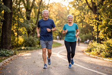 Obraz premium Happy Senior Couple Jogging in Park - Active Aging and Healthy Lifestyle Concept