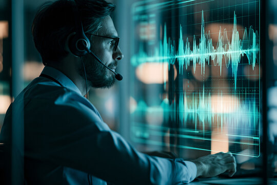 A focused professional wearing a headset monitors complex audio waveforms on a glowing transparent digital display within a dimly lit high-tech workspace at night