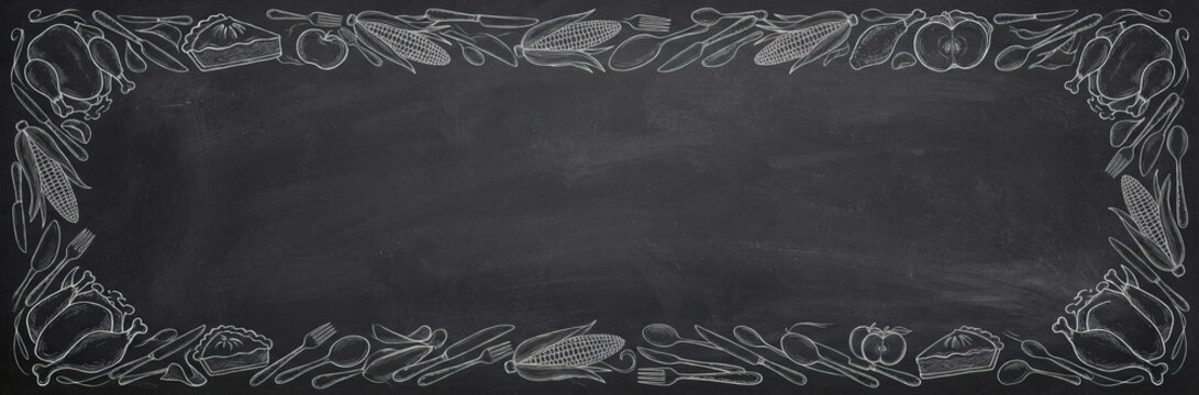 Thanksgiving chalkboard border with hand drawn food illustration. Autumn harvest holiday menu background with turkey, corn, pie and apple sketch. Rustic dinner celebration concept.