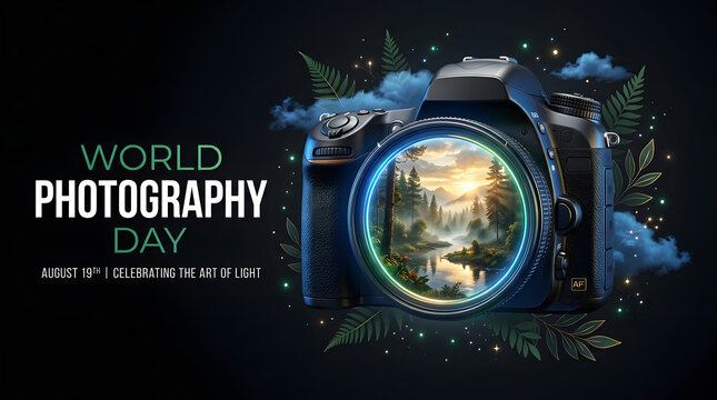 Conceptual world photography day banner with dslr camera lens reflecting a serene river landscape
