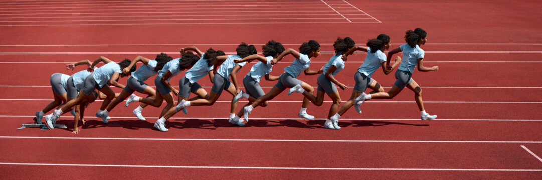 Motion sequence of teenage female runner sprinting on red athletics track. Concept of youth athletics development, running technique analysis, summer sport performance.