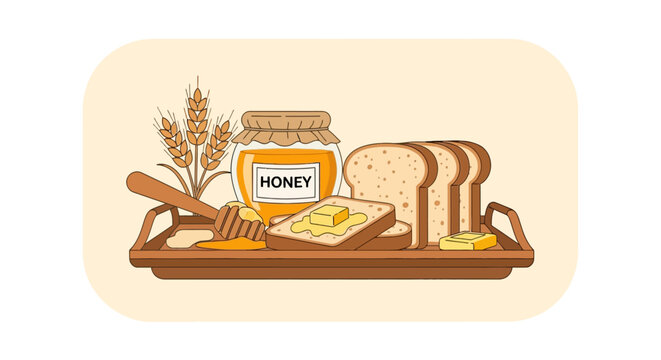 Breakfast tray with honey jar wheat stalks and sliced bread