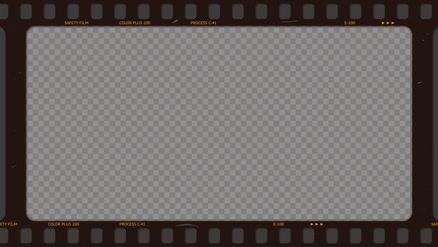 Realistic 35mm film strip frame vector overlay with transparent background, film edge markings, and realistic perforations for photo and video mockups with 16:9 aspect ration