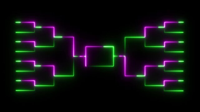 Neon tournament bracket animation, glowing sports competition chart, digital esports championship tree, cyberpunk style matchup diagram for gaming events and league standings