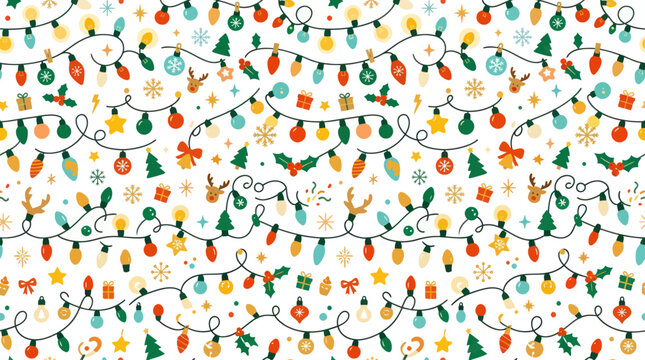 Christmas Holiday Lights and Festive Ornaments Flat Vector Seamless Pattern Background