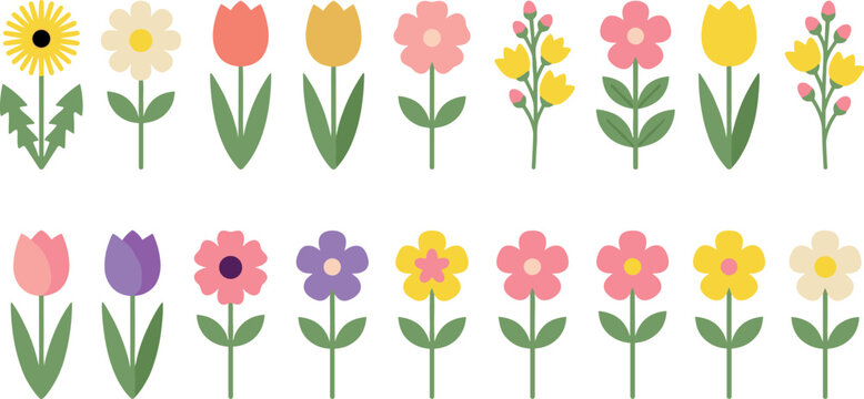 Cute spring flat flower collection bundle set vector illustration featuring colorful tulips daisies dandelions and simple botanical blossoms on stems for garden card design