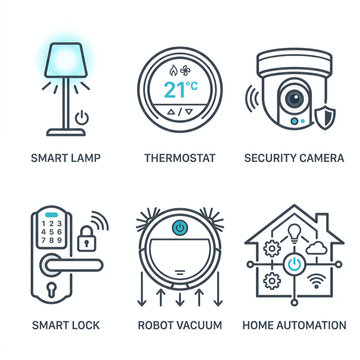 Smart Home Automation Icon Set with Modern Technology Symbols for Home Security and Control