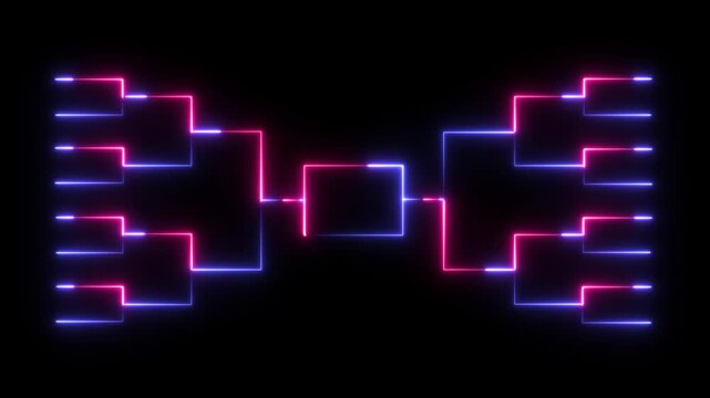 Neon tournament bracket animation, glowing sports competition chart, digital esports matchup tree