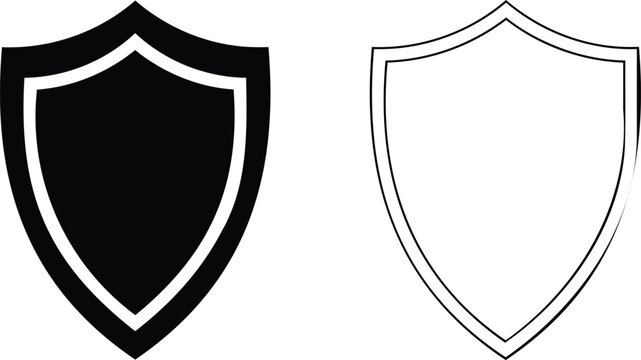 Black shield and outline shield side-by-side on white background, symbol