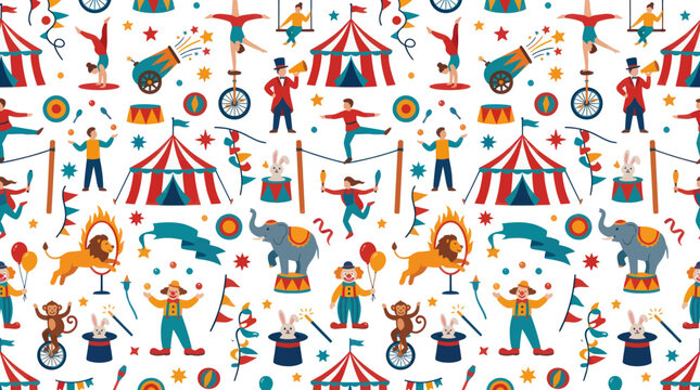 Circus show seamless pattern with performers, animals, and tents in a flat cartoon style.