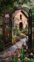 Fototapeta premium Wrought iron gate opening to stone chapel in lush garden. Flower path leading to old church building. Romantic outdoor wedding venue. Architecture and landscape design concept.