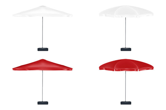 Patio umbrella on metal pole. Blank white, color. Easy editable vector mockup set. Outdoor garden parasol. Realistic 3d mock-up. Template for design