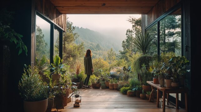 Woman standing on terrace of wooden house looking at forest view. Calm morning scene with lush potted plants on patio. Concept of eco living, mindfulness, nature connection and home.